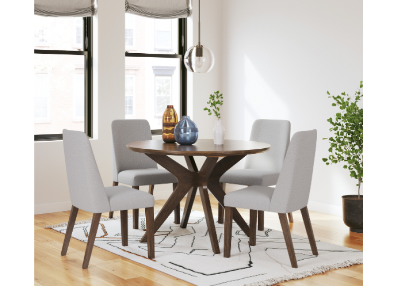 Wooden Round Dining Table Set (4 Seaters) With 4 Upholstered Dining Chairs - Jarklin